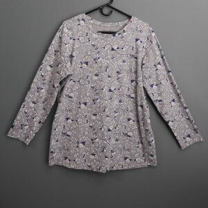 2/$13 Woman Within Long Sleeve Crew Neck Top, Gray Blue Floral, Size Medium